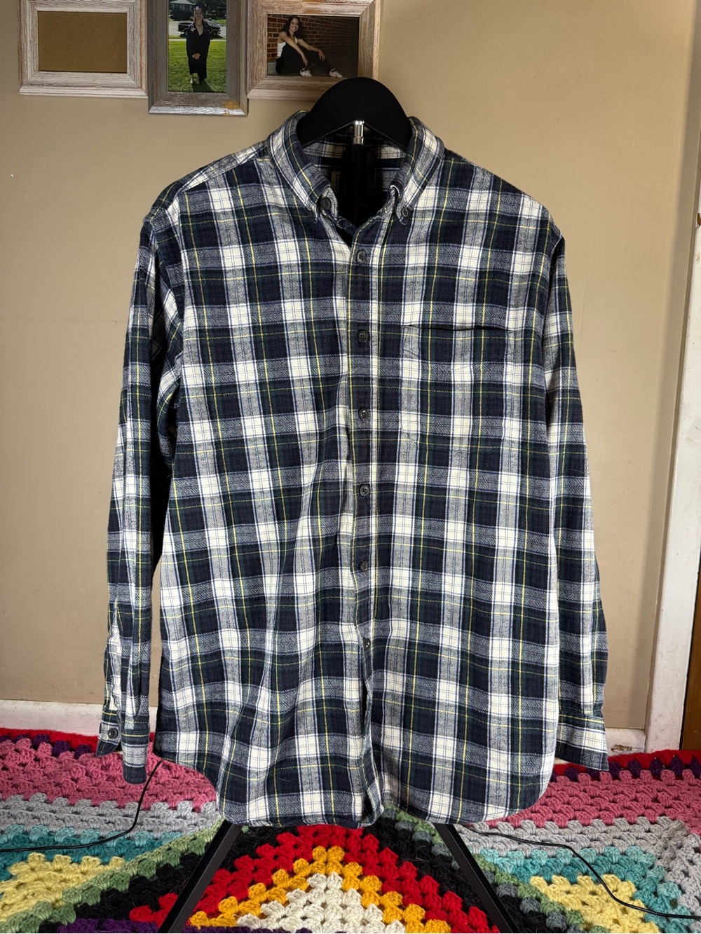 L.L. Bean Navy, White and Green Plaid Button-Down Shirt
